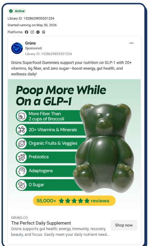 Grüns ad: Poop more while on a GLP-1