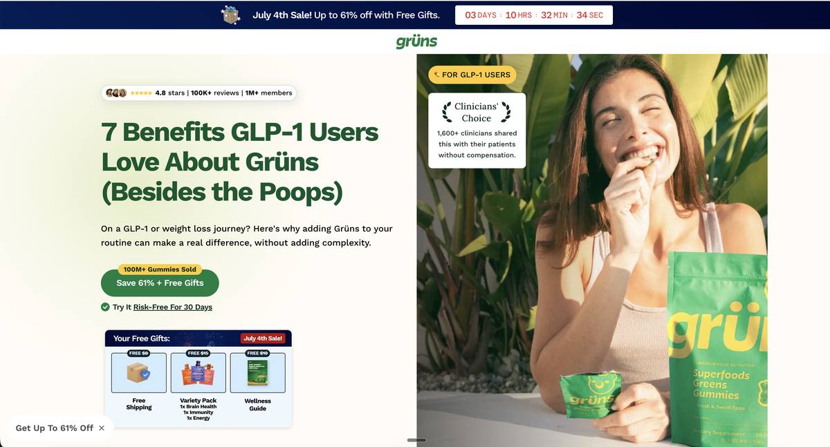 Grüns GLP-1 money page: 7 Benefits GLP-1 Users Love About Grüns