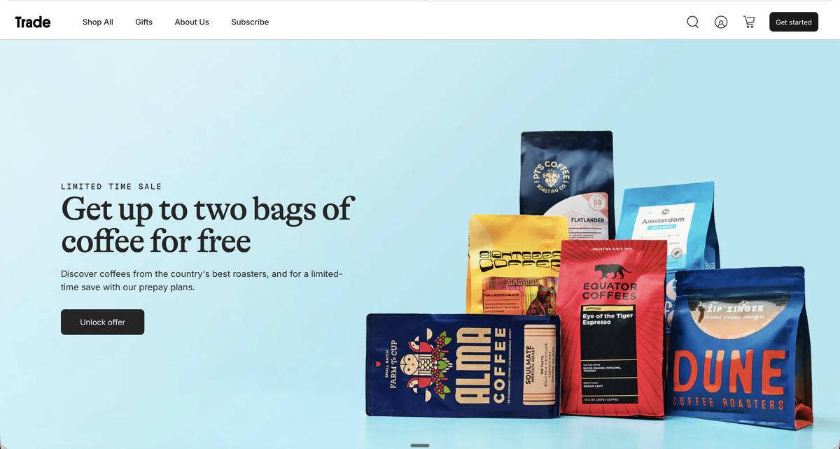 Trade Coffee deal page: up to 2 bags free